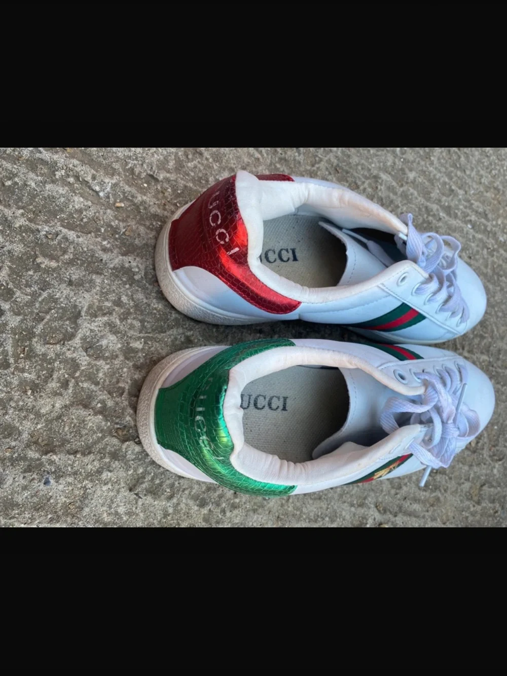 Gucci White Mans Sneakers with Red & Green Stripe and Gold Bee